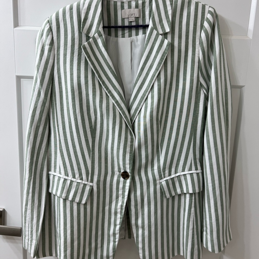 LOFT Green and White Striped Blazer